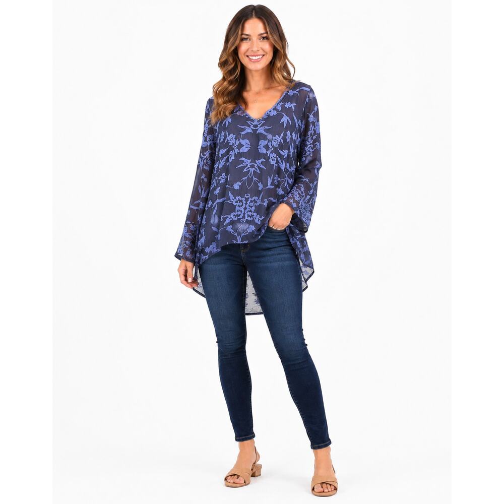 Johnny Was Blue Embroidered Tunic Top Medium Boho Floral V-Neck